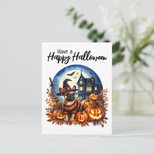 Happy Halloween, Niedlicher französischer Bulldogg Postkarte (Stehend Vorderseite)