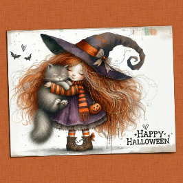 Happy Halloween - Niedliches Hexenmädchen und Schw Postkarte