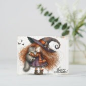 Happy Halloween - Niedliches Hexenmädchen und Schw Postkarte (Stehend Vorderseite)