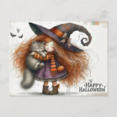 Happy Halloween - Niedliches Hexenmädchen und Schw Postkarte (Vorderseite)