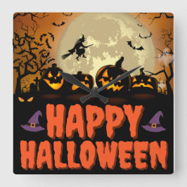 Happy Halloween Night Square Wall Clock Quadratische Wanduhr
