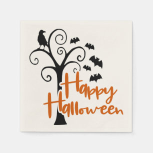 Happy Halloween Orange Black Dead Tree Bats Raven Serviette