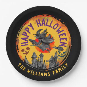 Happy Halloween Orange Black Hexe Broomstick Pappteller