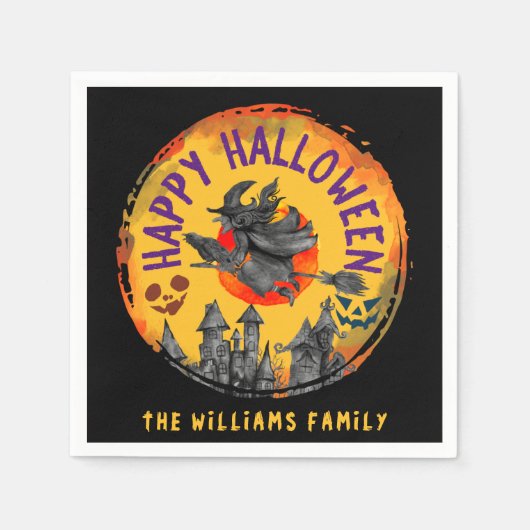 Happy Halloween Orange Black Hexe Broomstick Serviette (Vorderseite)