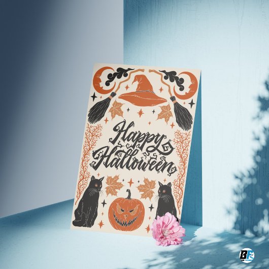 Happy Halloween Orange Black Retro Vintag Postkarte