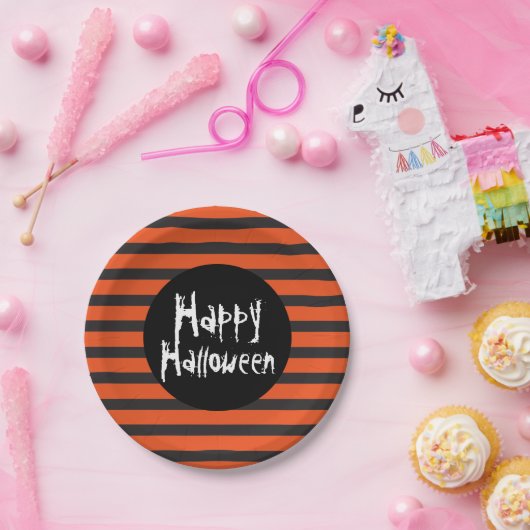 Happy Halloween Orange Black Striped Spooky Schrif Pappteller (Party)