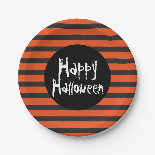 Happy Halloween Orange Black Striped Spooky Schrif Pappteller (Vorderseite)