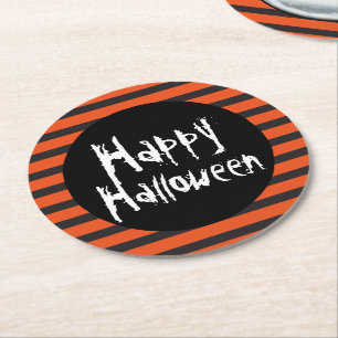 Happy Halloween Orange Black Striped Spooky Schrif Runder Pappuntersetzer