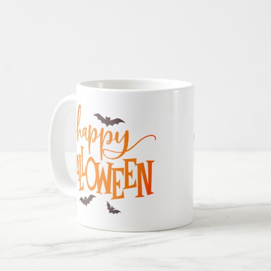 Happy Halloween Orange Script mit Black Bats Kaffeetasse (Vorderseite Links)