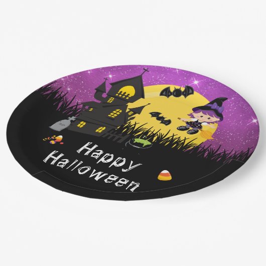 Happy Halloween Party Lila Pappteller (Schrägansicht)
