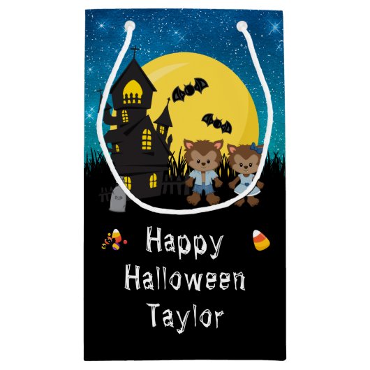 Happy Halloween Party Werewolf Blue Kleine Geschenktüte (Rückseite)