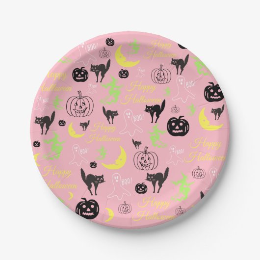 Happy Halloween Pattern Pink Pappteller (Vorderseite)