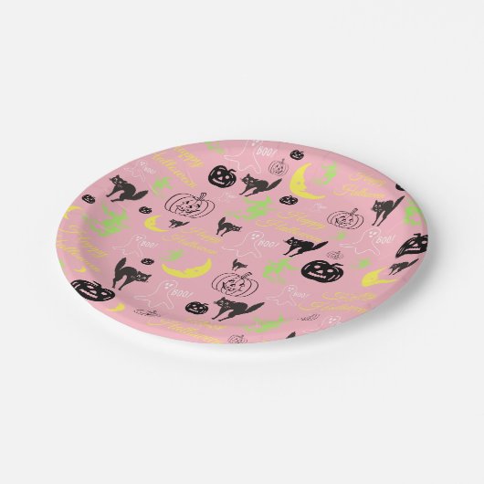 Happy Halloween Pattern Pink Pappteller (Schrägansicht)