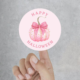 Happy Halloween Pink Coquette Bow Pumpkin Runder Aufkleber