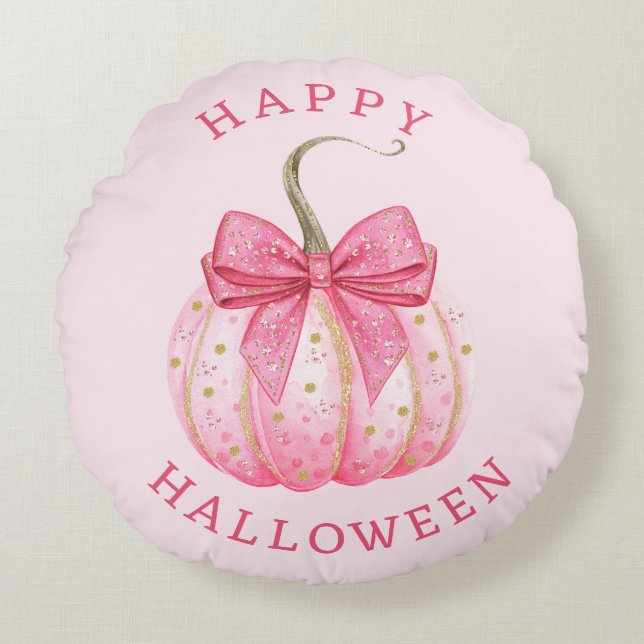 Happy Halloween Pink Coquette Bow Pumpkin Rundes Kissen (Vorderseite)