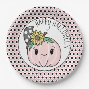 Happy Halloween Pink Pumpkin and Polka Dots Pappteller
