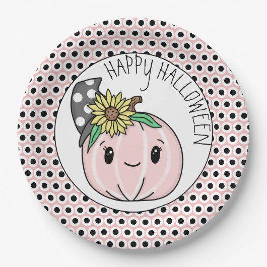 Happy Halloween | Pink Pumpkin and Polka Dots Pappteller (Vorderseite)