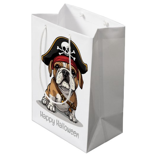 Happy Halloween Pirate English Bulldog Mittlere Geschenktüte (Rückseite Schrägansicht)