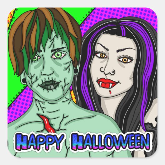 Happy Halloween | Pop Art zombie Vampire Quadratischer Aufkleber (Vorderseite)