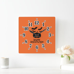 Happy Halloween Pumpkin Bat Minimal Quadratische Wanduhr
