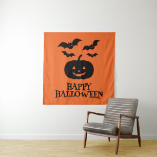 Happy Halloween Pumpkin Bat Minimal Wandteppich