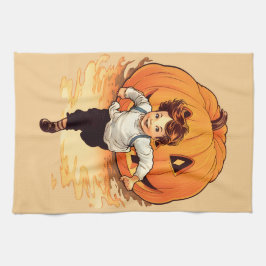 Happy Halloween Pumpkin Chasing Young Boy Geschirrtuch