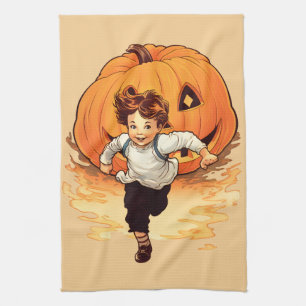 Happy Halloween Pumpkin Chasing Young Boy Geschirrtuch