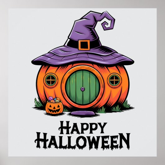 Happy Halloween Pumpkin Cottage & Witch Hat Roof Poster (Vorne)