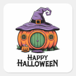 Happy Halloween Pumpkin Cottage & Witch Hat Roof Quadratischer Aufkleber