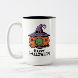 Happy Halloween Pumpkin Cottage & Witch Hat Roof Zweifarbige Tasse