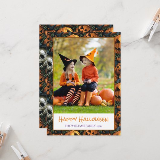 Happy Halloween Pumpkin Foto Holiday Card Karte (Vorderseite/Rückseite Beispiel)