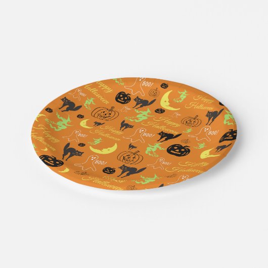 Happy Halloween Pumpkin Ghost Hexe Moon Orange Pappteller (Schrägansicht)
