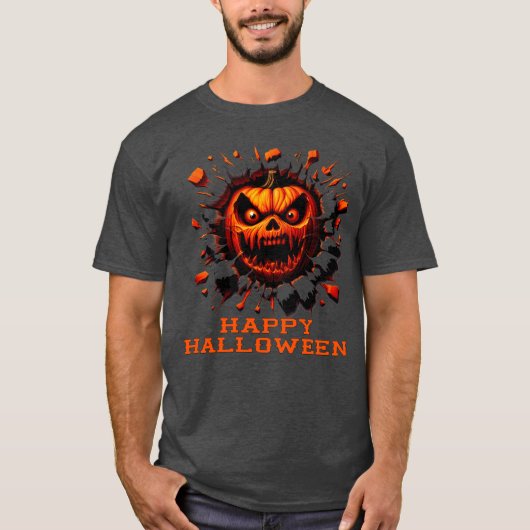 Happy Halloween Pumpkin Smashing Through T-Shirt (Vorderseite)