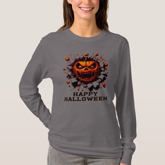 Happy Halloween Pumpkin Smashing Through T-Shirt (Vorderseite)