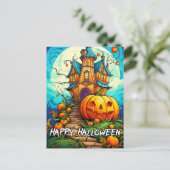 Happy Halloween | Pumpkin & Spuk House Postkarte (Stehend Vorderseite)