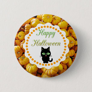 Happy Halloween Pumpkins Black Cat Button