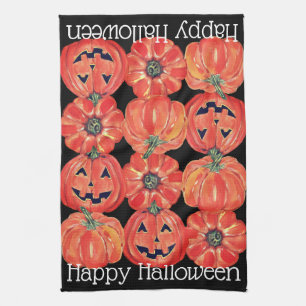 Happy Halloween Pumpkins Orange Black Watercolor Geschirrtuch