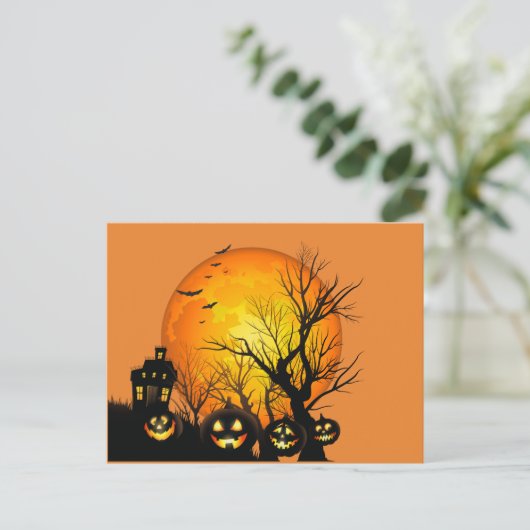 Happy Halloween Pumpkins und Spuk House Postkarte (Stehend Vorderseite)