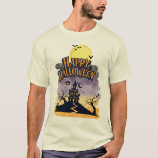 Happy Halloween Purple Sunset Haunted House Design T-Shirt