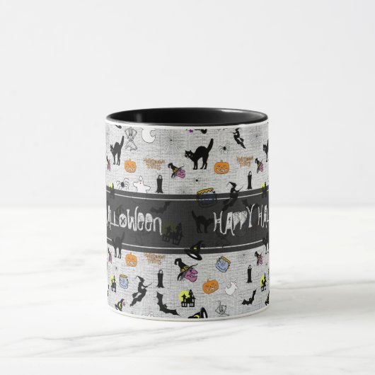 "Happy Halloween" Random Iconic Muster Grau Tasse (Zentrum)
