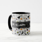 "Happy Halloween" Random Iconic Muster Grau Tasse (Vorderseite Links)