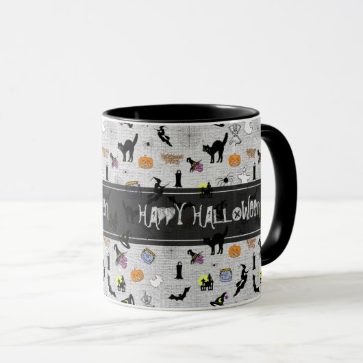 "Happy Halloween" Random Iconic Muster Grau Tasse (VorderseiteRechts)