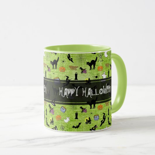 "Happy Halloween" Random Iconic Muster Grüne Tasse (VorderseiteRechts)