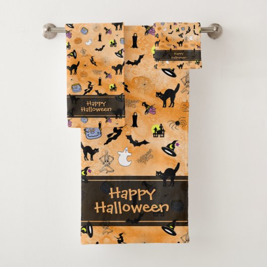 Happy Halloween Random Iconic Muster Orange Badhandtuch Set (Insitu)