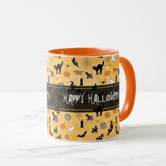 "Happy Halloween" Random Iconic Muster Orange Tasse (VorderseiteRechts)