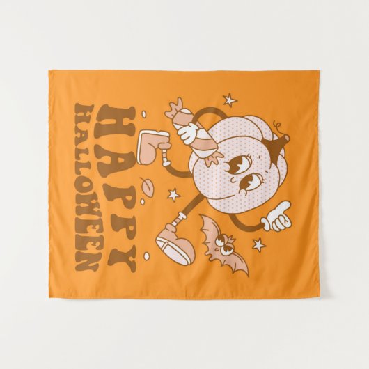 Happy Halloween| Retro Polka Dot Pumpkin Wandteppich (Vorderseite (Horizontal))
