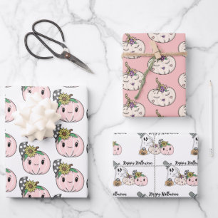 Happy Halloween   Rosa Kürbis und Sonnenblumen Geschenkpapier Set