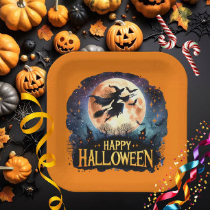 Happy Halloween - Rotzunge auf dem Broom Pappteller
