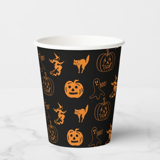 Happy Halloween Schwarz-Orange-Muster Pappbecher (Vorderseite)