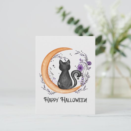 Happy Halloween - Schwarze Katze auf dem Halbmond Postkarte (Stehend Vorderseite)